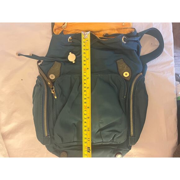 MZ Wallace Teal Nylon Drawstring Backpack Yellow Lining Leather Trim - Picture 14 of 16